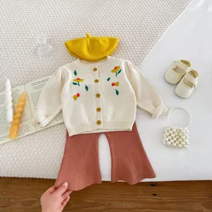 Baby floral knit cardigan set with pants and beret, cute infant toddler outfit for autumn.
