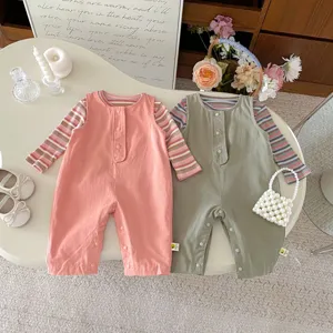 Baby girl spring cotton candy color overalls with striped long sleeve shirt set detail view.
