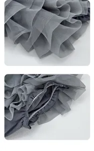 Grey mesh tutu shorts detail view, cute fluffy layered toddler cake pants with soft lining.