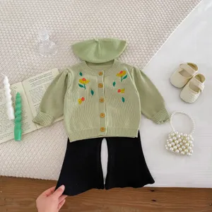 Baby toddler girls embroidered flower knitted cardigan sweater pants beret outfit spring autumn