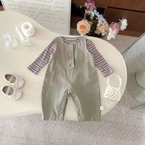Infant baby girl boy striped long sleeve top olive green overalls cute spring outfit