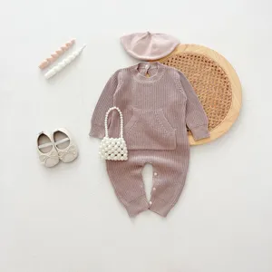 Mameluco tejido de bebé conjunto manga larga con boina bolso perlas ropa linda de infantes