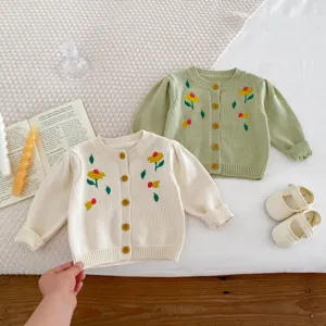 Cute baby toddler girls knit cardigan sweater with floral embroidery long sleeve top