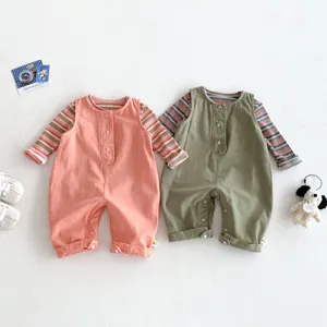 Cute infant baby toddler overall romper set with striped long sleeve shirt for spring wear.