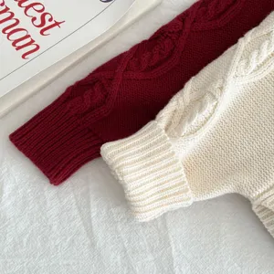 Close-up detail of toddler cable knit sweater featuring soft texture and stylish design.