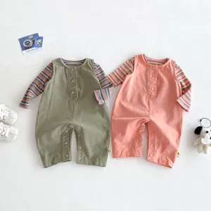 Toddler baby girl boy spring casual candy color long sleeve romper wide strap overall pants set