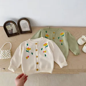 Baby toddler embroidered floral knit cardigan long sleeve cotton sweater 2 colors available