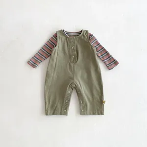 Cute infant baby romper set with striped long sleeve top and solid overalls for daily wear.