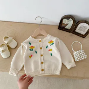 Infant baby girl knit cardigan sweater cute floral embroidery long sleeve cotton outerwear