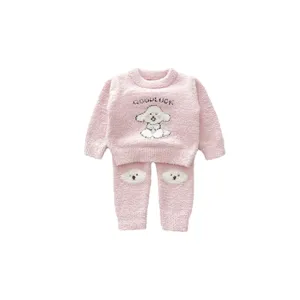 Infant cute puppy pink fuzzy fleece pajama set, warm winter baby loungewear two piece clothes.