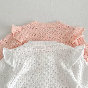 Girls knit cardigan sweater cute ruffle hollow breathable spring autumn outerwear apparel.
