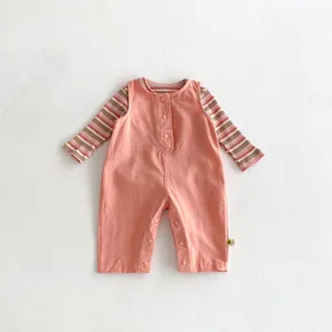 Cute baby girl spring candy color strap overalls set with striped long sleeve shirt for toddlers.