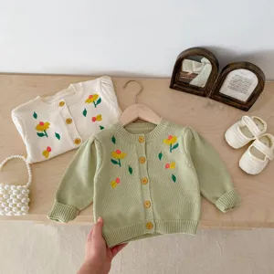 Baby girls floral embroidered knit cardigan sweater set with cute buttons, spring autumn wear.