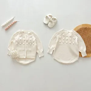 Baby Girl Knitwear Set Vintage Hollow Hand Hooked Ball Cardigan Romper Toddler Clothes