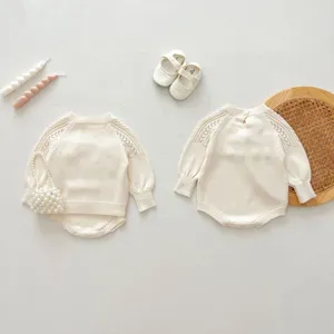 Infant baby girl knit romper sweater set, hollow out vintage long sleeve design, detail flat lay.