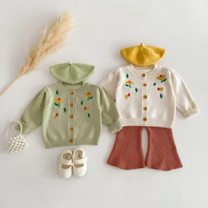 Toddler baby girl knit cardigan set with floral embroidery long sleeve cute autumn outfit