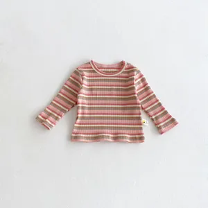 Cute baby striped long sleeve t-shirt, soft ribbed knit pullover top for infant daily wear.
