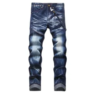 Heren Vintage Stretch Slim Fit Denim Jeans Casual Retro Gewassen Lange Broek Blauw