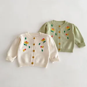 Cute baby toddler knit cardigan sweater featuring floral embroidery and long sleeves top.