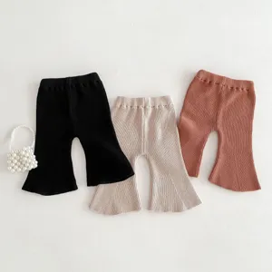 Cute baby girls knitted flared pants toddler casual ribbed solid color long trousers