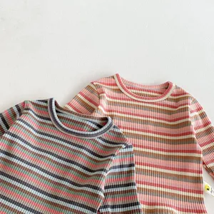 Infant striped long sleeve top detail, soft ribbed fabric, comfortable baby clothing