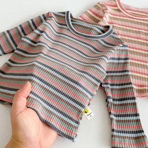 Infant toddler striped long sleeve top casual baby knit shirt fabric detail view.