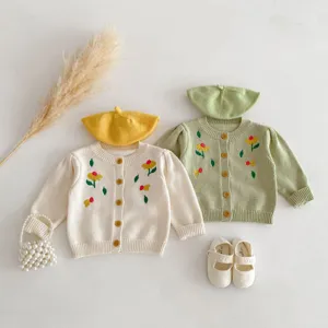 Baby toddler knit cardigan sweater cute floral embroidered long sleeve jacket top spring autumn