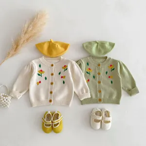 Baby toddler knit cardigan set with floral embroidery, cotton long sleeve sweater and matching hat.