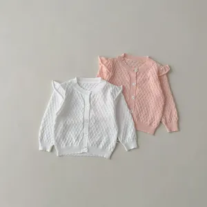 Girls cute knit cardigan sweater set with ruffle trim, breathable spring outerwear.