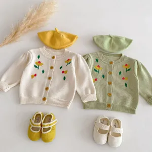 Infant baby girls floral embroidered knit cardigan sweater beret shoes set spring autumn