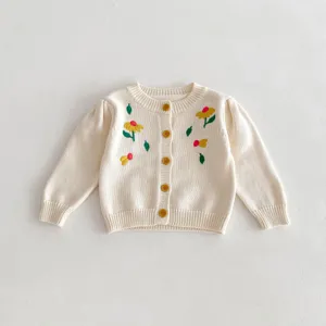 Infant baby knit cardigan sweater with floral embroidery and cute buttons for autumn wear.