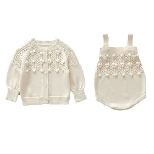 Cute baby girl knitwear set, autumn winter bobble cardigan and romper with hollow design.