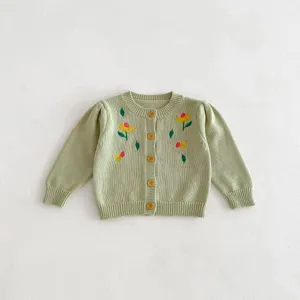 Infant baby girl floral embroidered knitted cardigan sweater, soft cotton long sleeve toddler coat.