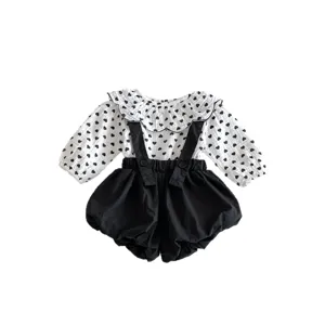 Baby girl autumn outfit set long sleeve heart print blouse and cute suspender shorts