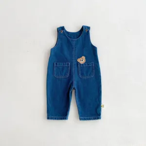 Baby denim overalls infant cute bear patch trousers casual toddler jeans pants autumn kids wear