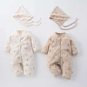 Infant Baby Romper Long Sleeve Waffle Knit Floral Jumpsuit Newborn Cute Hooded Bodysuit With Hat Spring Infant Clothing
