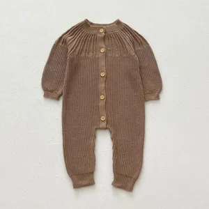 Baby knit romper long sleeve ribbed crewneck infant bodysuit detail view autumn clothing