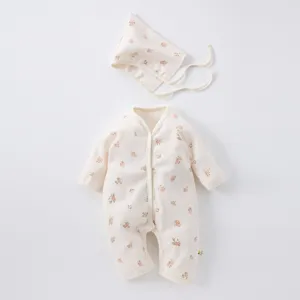 Cute floral waffle knit baby romper and matching hat, soft long sleeve infant jumpsuit set.