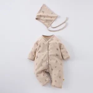 Cute infant baby waffle knit long sleeve romper and matching bonnet hat clothing set