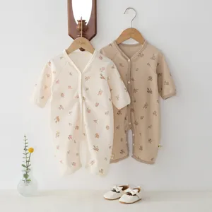 Spring infant baby cotton waffle romper floral print long sleeve jumpsuit cute infant clothing