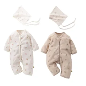Spring baby romper set long sleeve waffle floral jumpsuit with cute matching bonnet hat