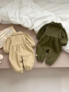 Cute baby jumpsuit with lapel and floral print, perfect long sleeve crawler for spring infant wear.
