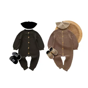 Cute baby knit romper set with long sleeve sweater, matching beret and shoes for autumn.