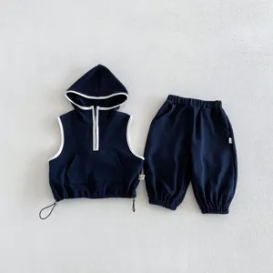 Kinder Kapuzenweste und Hosen Set Freizeit Sport dunkelblau Alltagsbekleidung stylisch