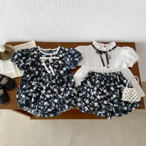 Sommer kleinkind mädchen blumen kurzarm stift strampler und top shorts set süße schleife kinder kleidung