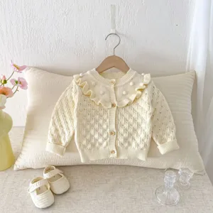 Cute baby girl knitted cardigan with sweet ruffle collar, hollow-out knit design, lovely top.
