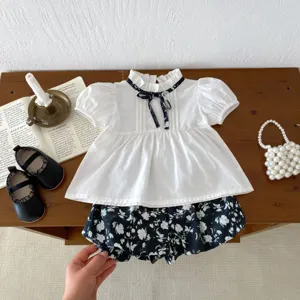 Sommer-Set für Kleinkinder Mädchen kurzärmelige Puppenkragenbluse und Blumenshorts