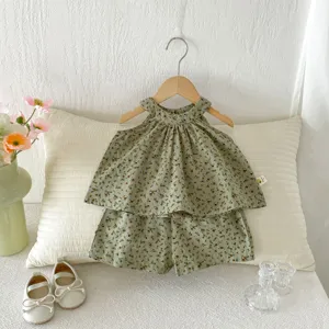 Bébé fille été vert floral ensemble deux pièces haut dos nu et short mignon tenue