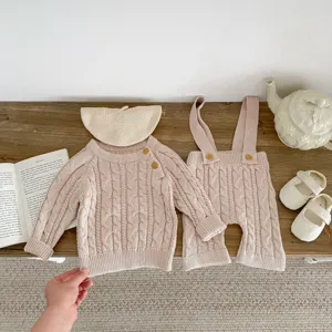 Infant baby cable knit sweater and suspender pants set toddler cute cotton spring outfit