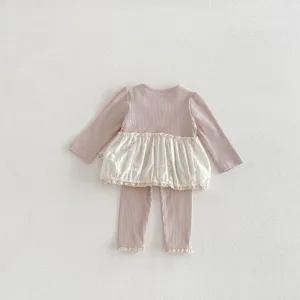 Ensemble de vêtements de printemps pour fille haut en coton dentelle et leggings élastiques